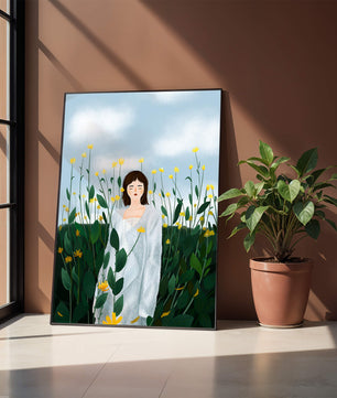 Femme en manteau blanc parmi les fleurs jaunes