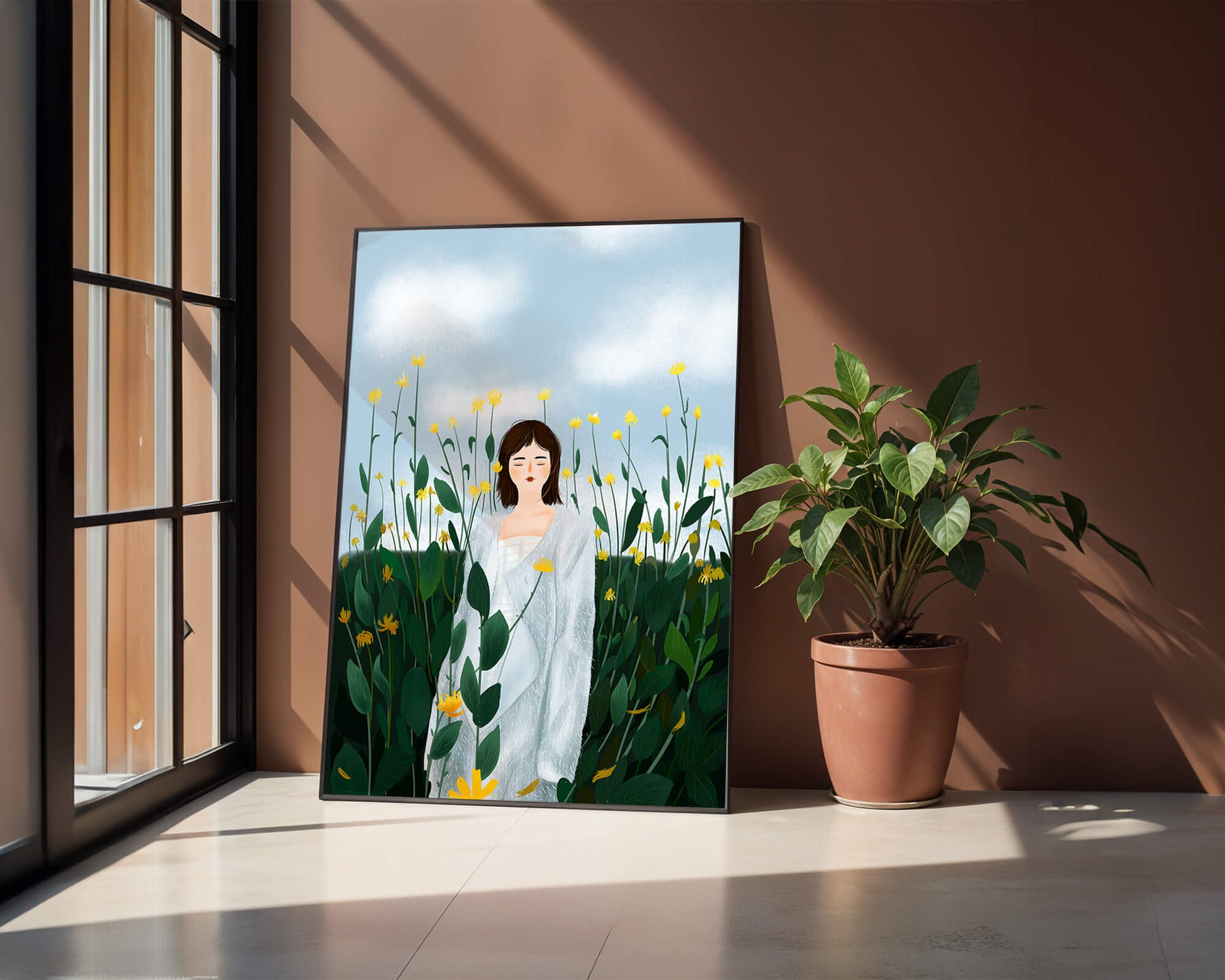 Mujer con abrigo blanco entre flores amarillas