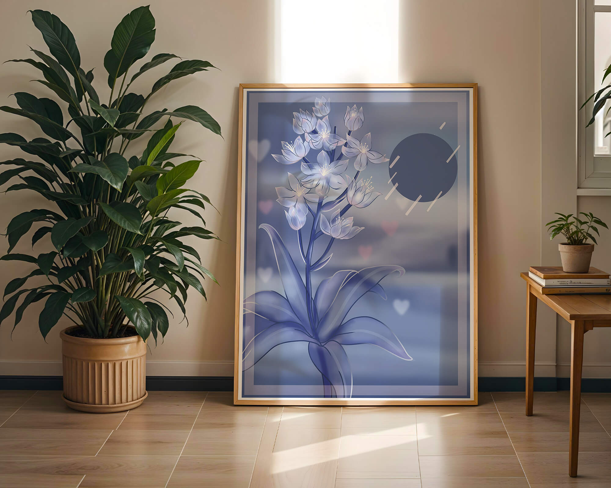 Delicate blue floral illustration with stylish geometric elements