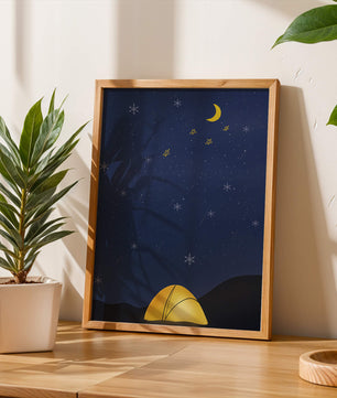Camping Under Night Sky with Stars and Crescent Moon