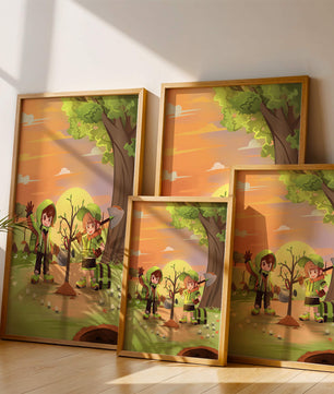 Kinder pflanzen einen Baum in einer lebendigen Sonnenuntergangslandschaft