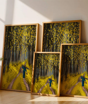 Man Walking Through a Sunny Forest with Golden Leaves