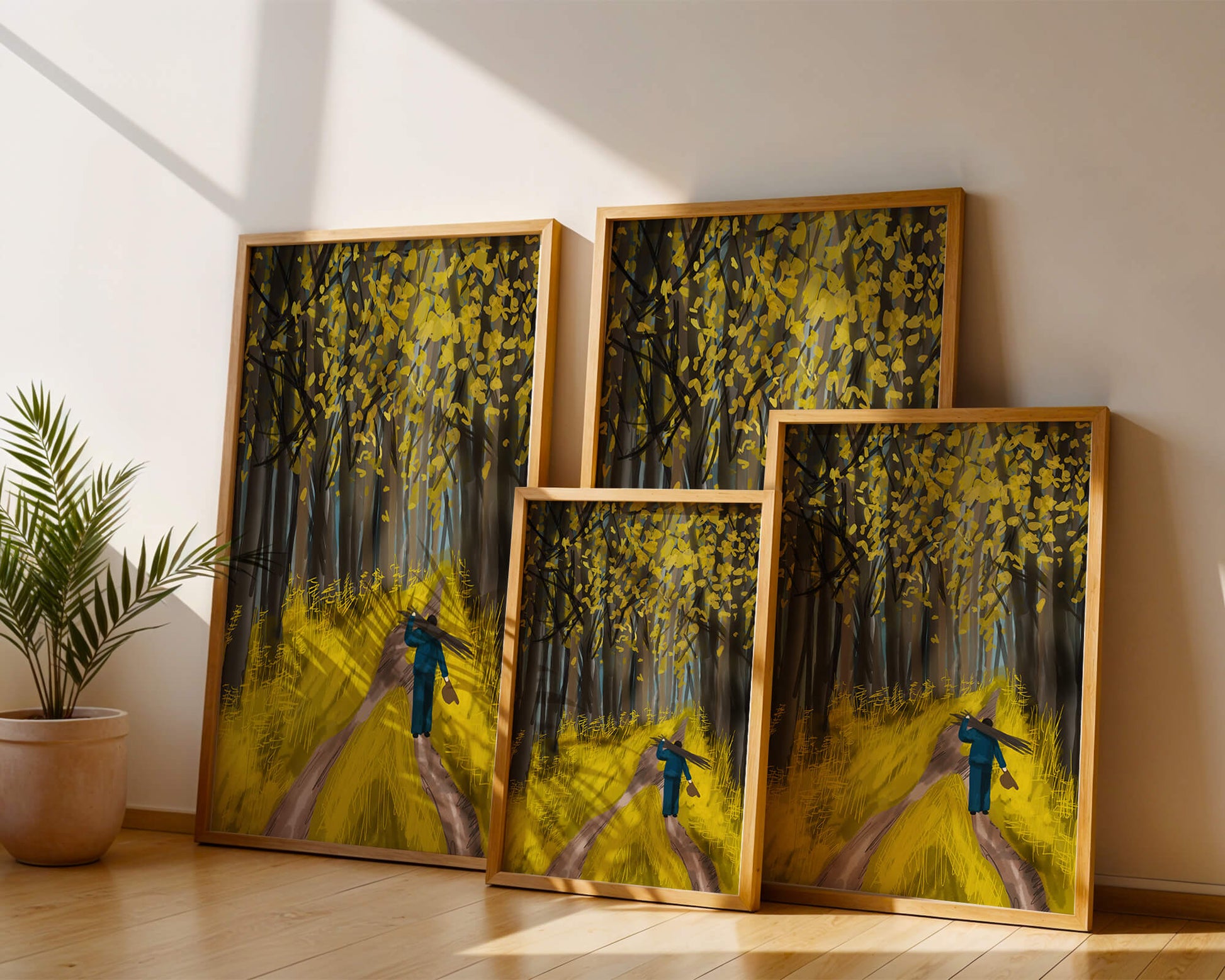 Man Walking Through a Sunny Forest with Golden Leaves