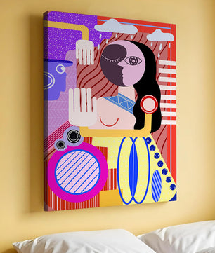 Abstrakte geometrische Kunst mit einer weiblichen Figur in leuchtenden Farben