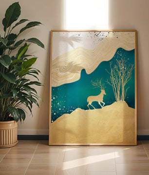 Elegante abstrakte Kunst mit goldenem Hirsch und Naturthema