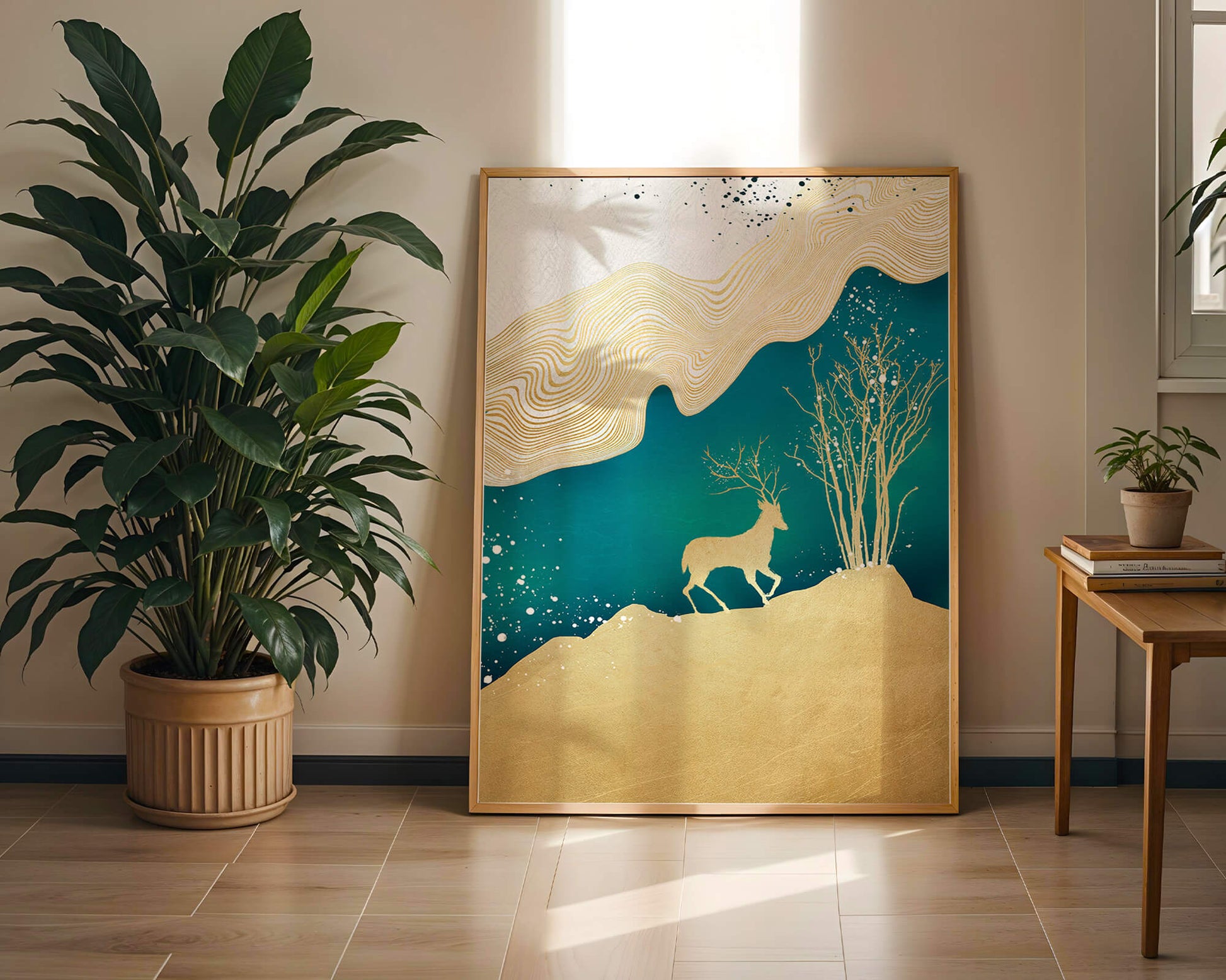 Elegante arte abstracto con ciervos dorados y temática de naturaleza.