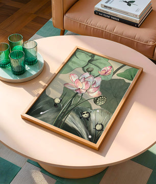 Illustrated lotus with playful cartoon bees in a serene garden