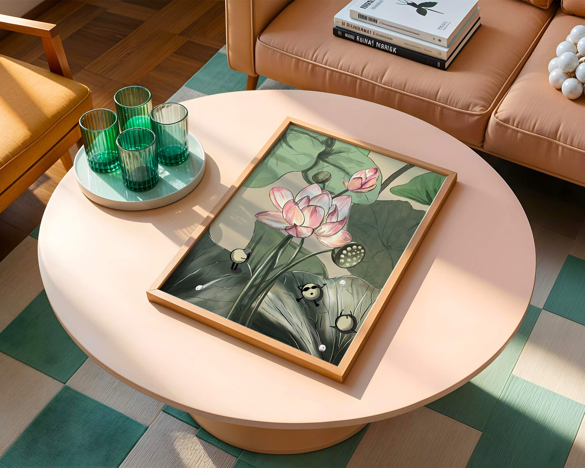 Illustrated lotus with playful cartoon bees in a serene garden