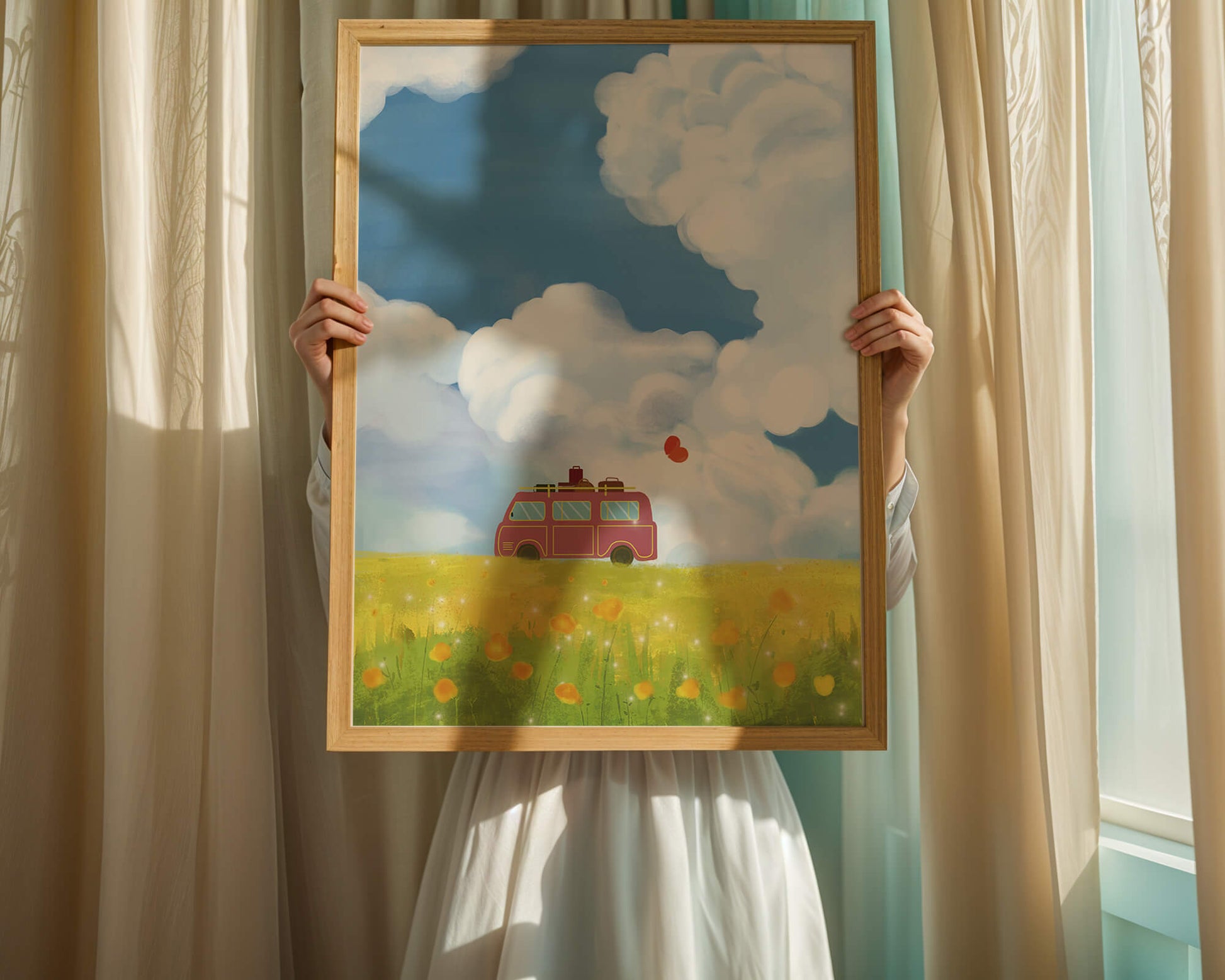 Colorful Van in a Vibrant Field with Balloons and Luggage