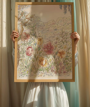 Charming Garden with Bunnies and Blossoming Trees