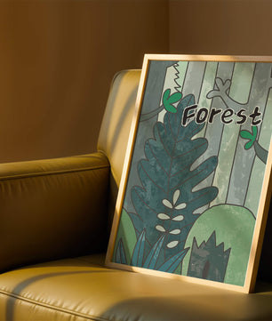Illustrated forest scene with foliage and text