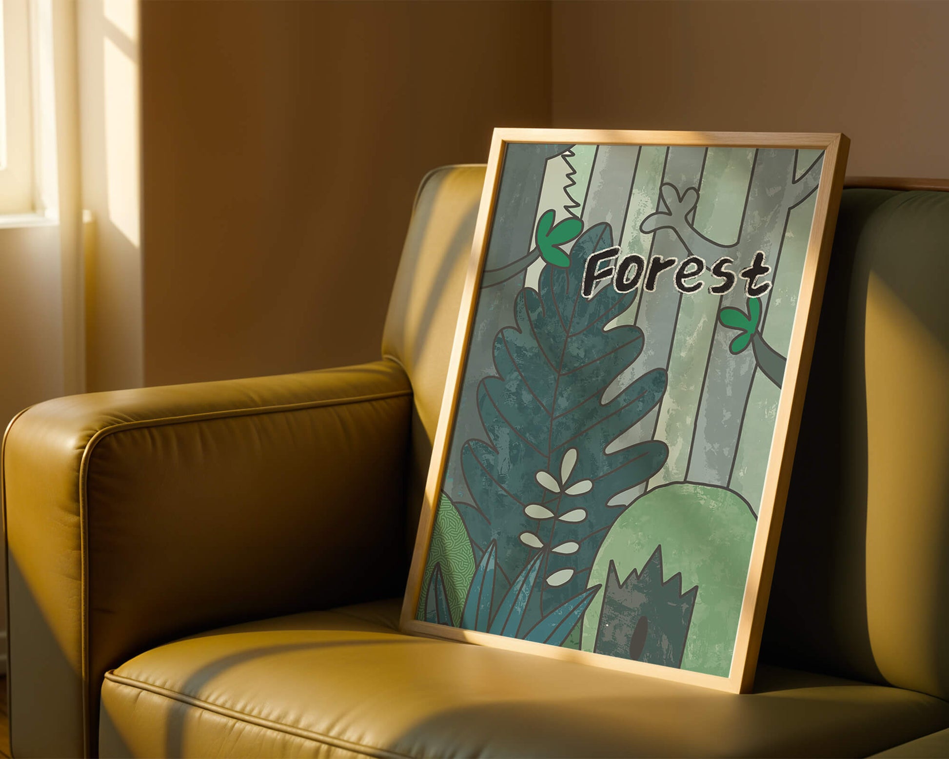 Illustrated forest scene with foliage and text