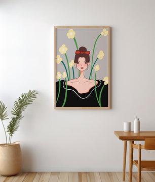 Ilustración de una mujer con fondo floral y lazo rojo