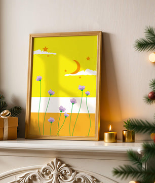 Illustrative landscape with crescent moon, stars, and flowers