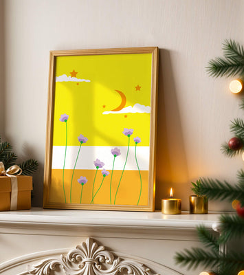 Illustrative landscape with crescent moon, stars, and flowers