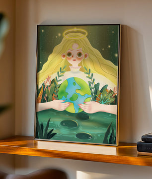 Illustration de la nature paisible avec une figure céleste tenant la Terre