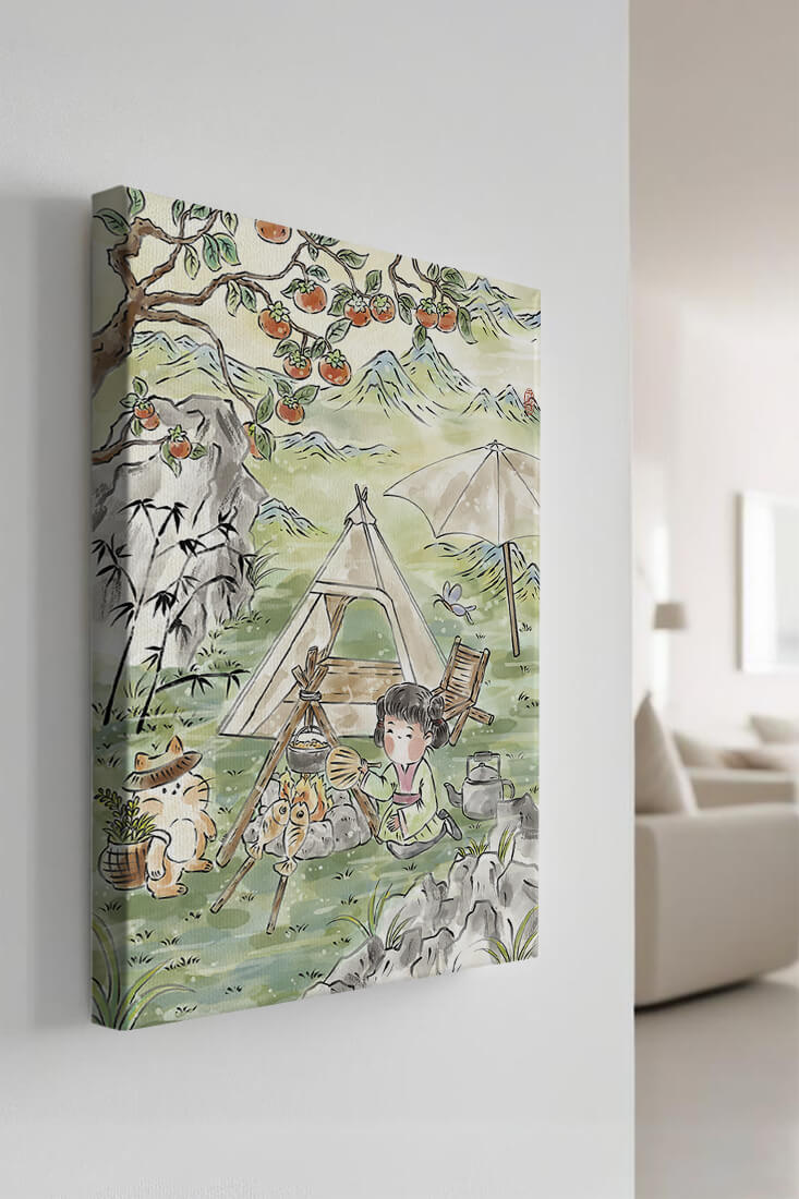 Escena encantadora de camping con un niño y un gato bajo un árbol de caqui