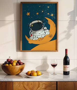 Charming Astronaut Sitting on a Crescent Moon with Stars in Space - Mi tienda