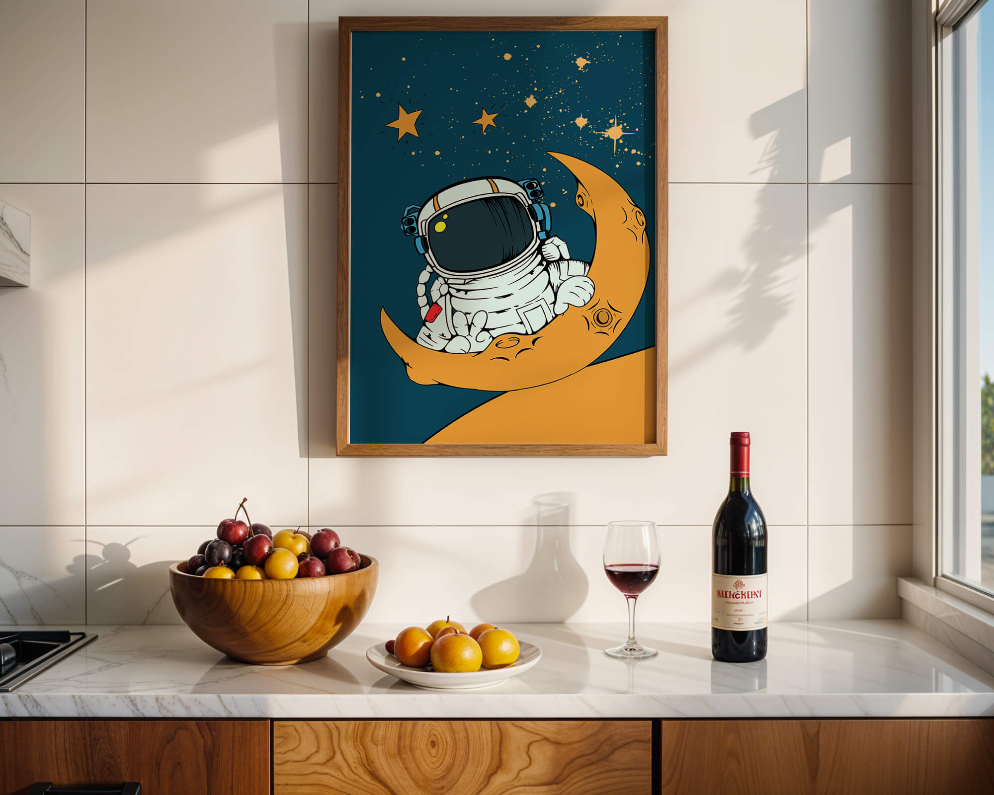 Charming Astronaut Sitting on a Crescent Moon with Stars in Space - Mi tienda