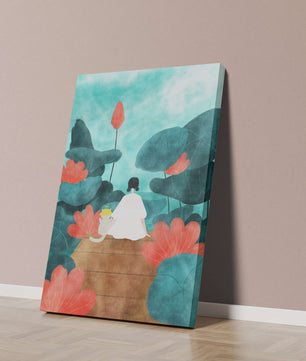 Serene scene with a person and cat among large leaves and flowers