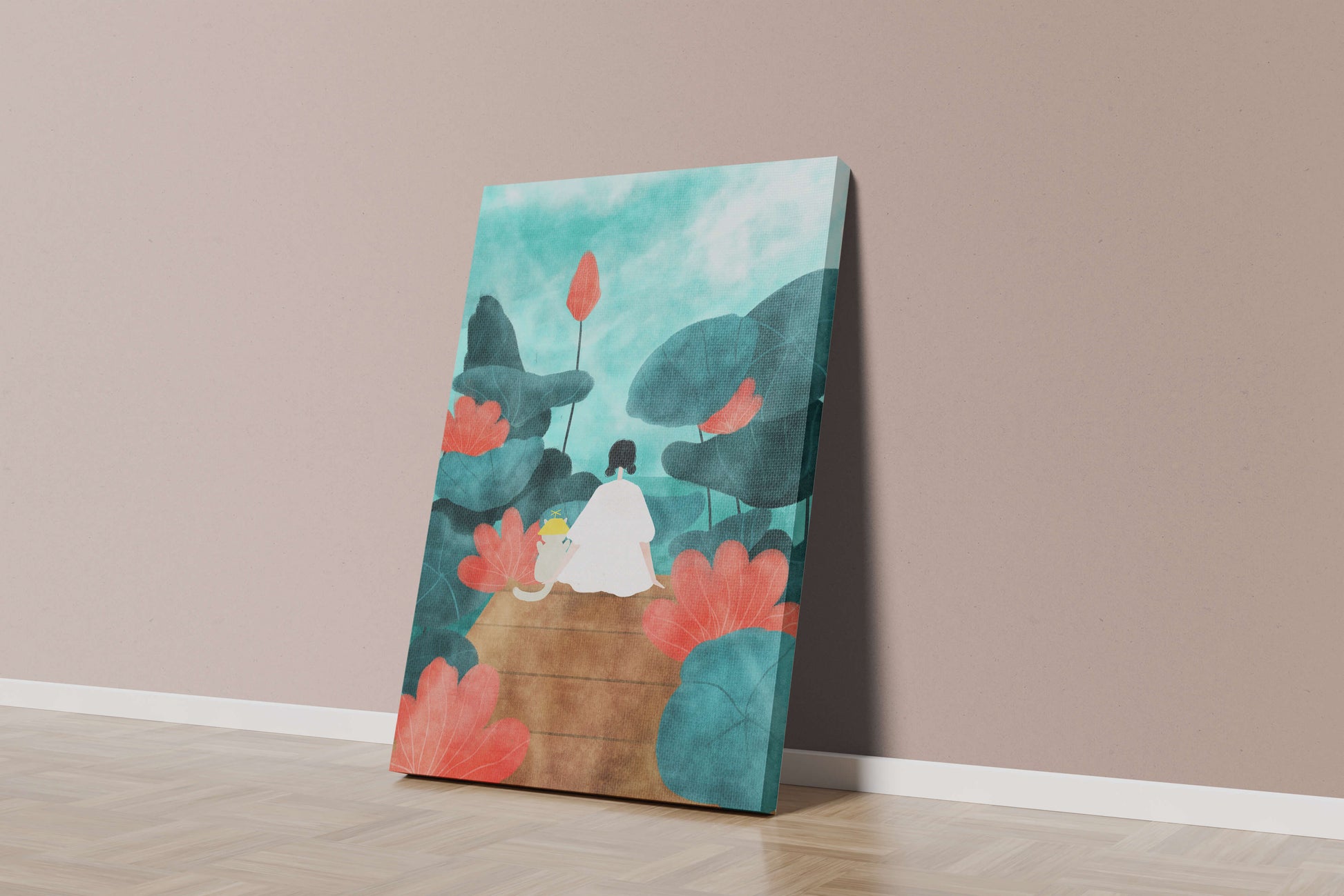 Serene scene with a person and cat among large leaves and flowers