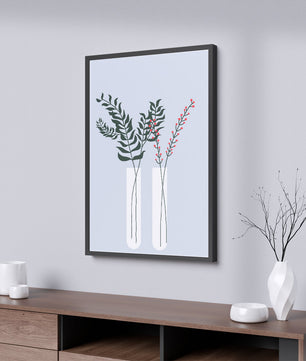 Modern Botanical Illustration with Green Leaves and Red Berries in Minimalist Vases - Mi tienda