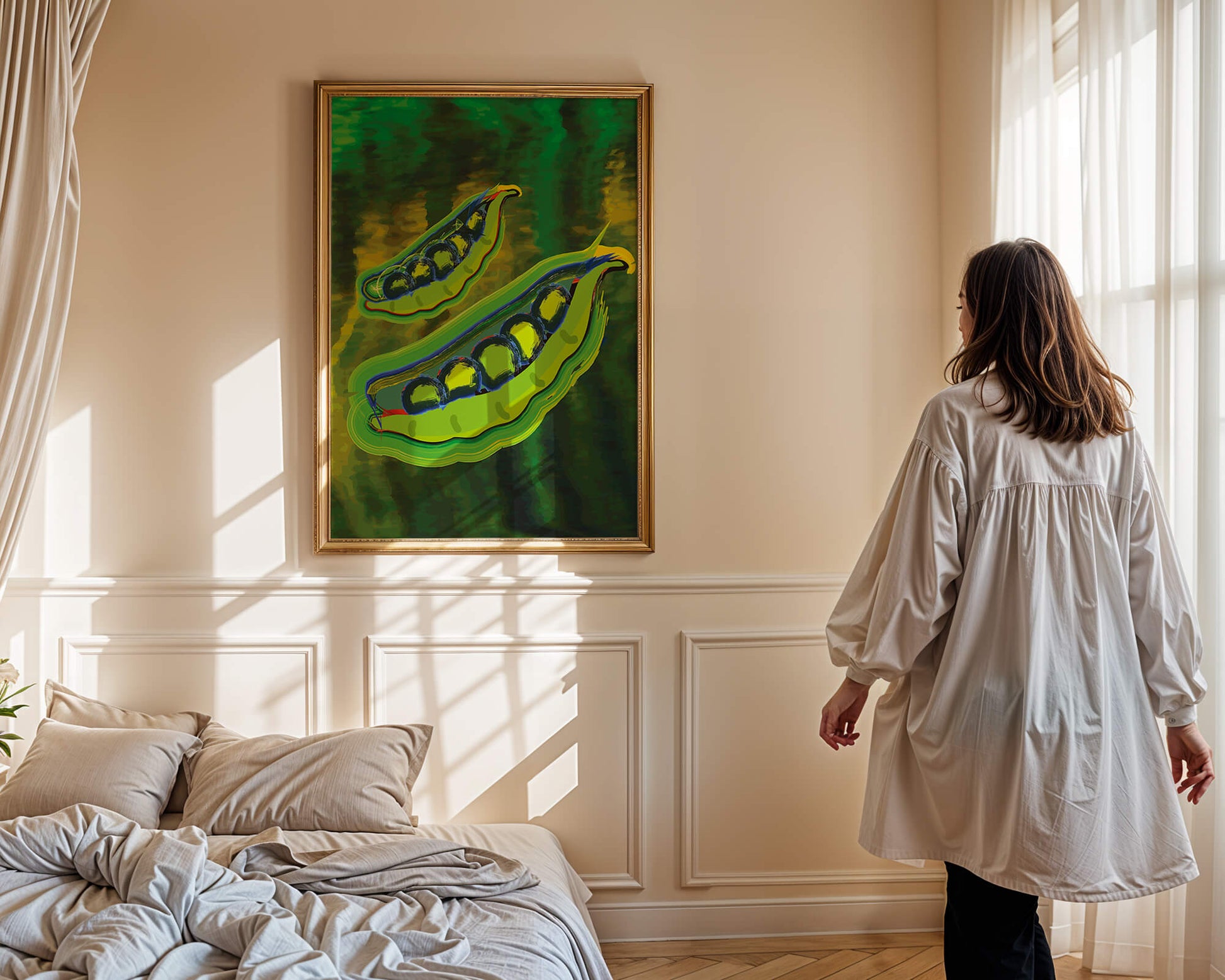 Ilustración abstracta de guisantes verdes coloridos con fondo vibrante