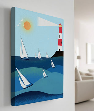 Coastal scene with sailboats and lighthouse on a bright sunny day