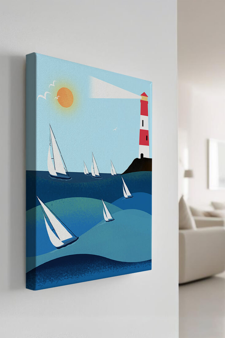 Coastal scene with sailboats and lighthouse on a bright sunny day