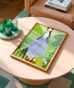 Serene illustration of a woman in nature with tropical leaves