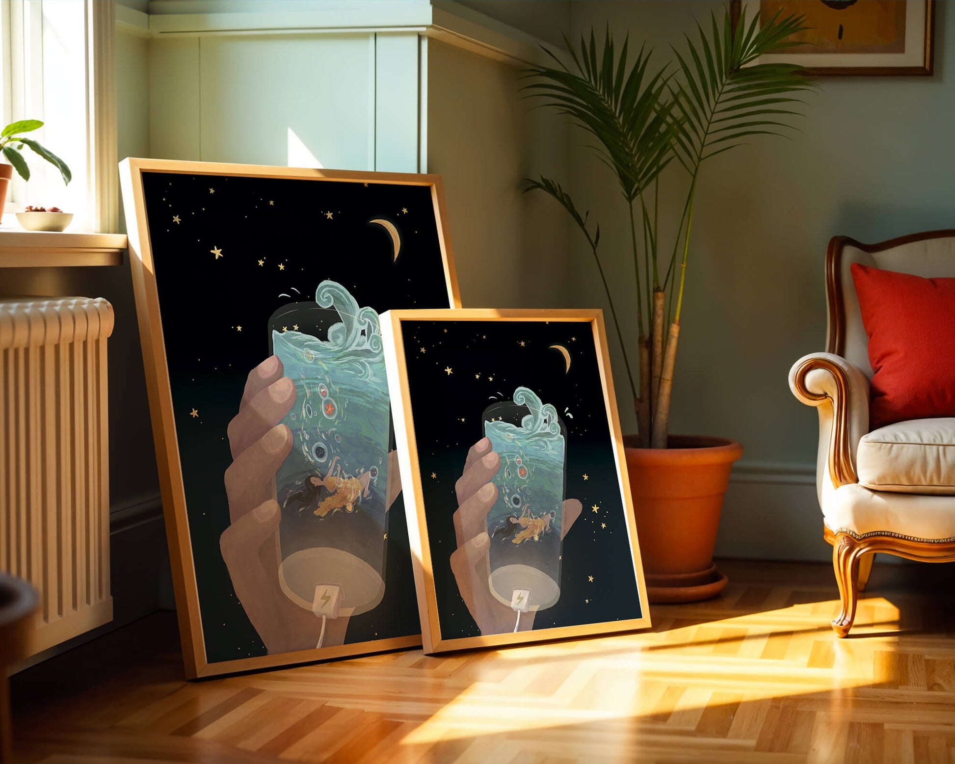 Abstract night sky scene with hand holding a glass of swirling water