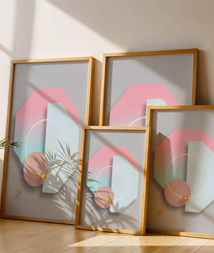 An abstract geometric art piece with pastel tones and golden accents