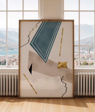 Abstraktes geometrisches Kunstwerk mit goldenen Akzenten und dynamischen Formen