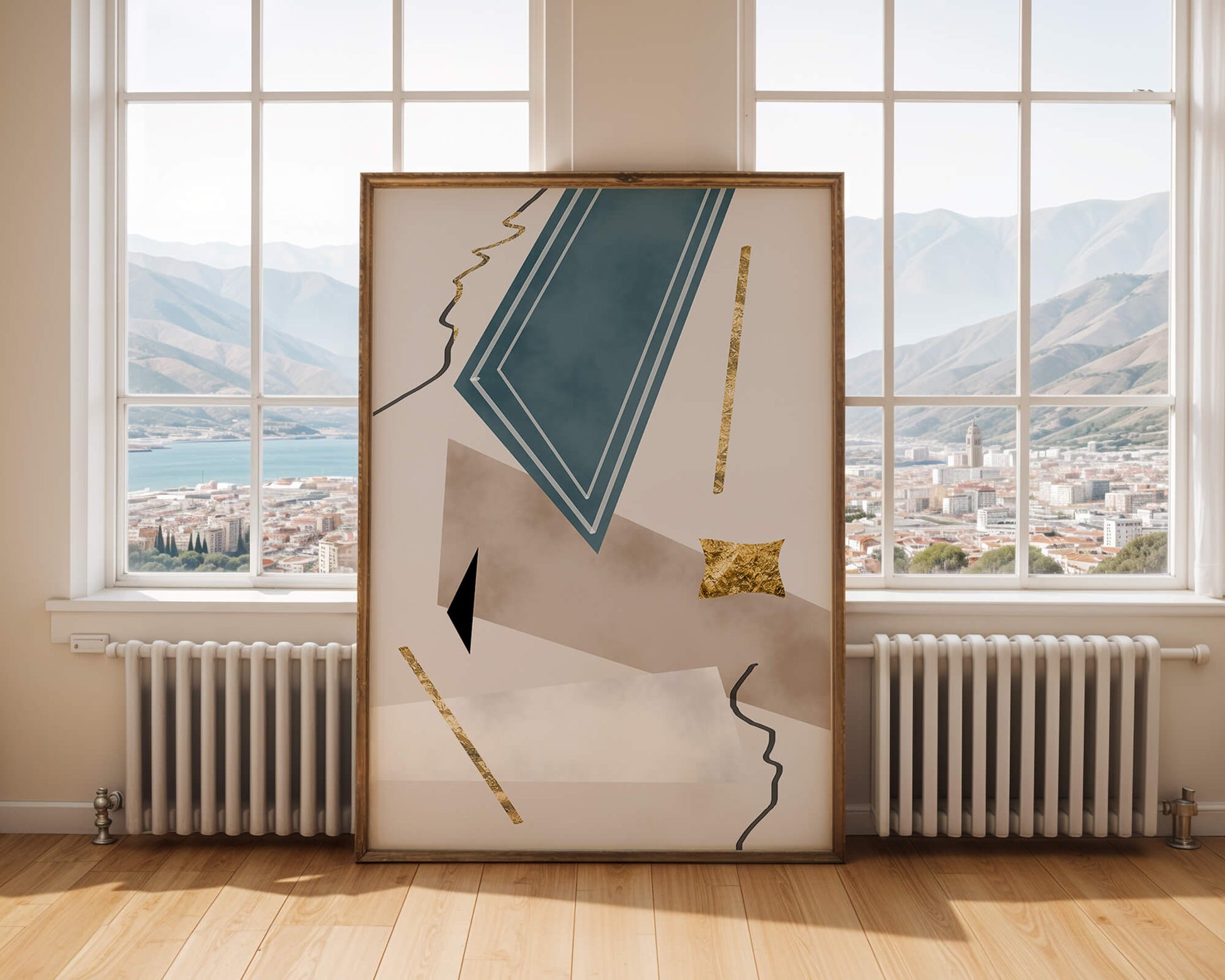 Abstract geometric artwork with gold accents and dynamic shapes