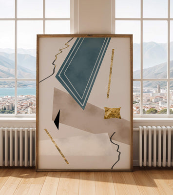 Abstract geometric artwork with gold accents and dynamic shapes