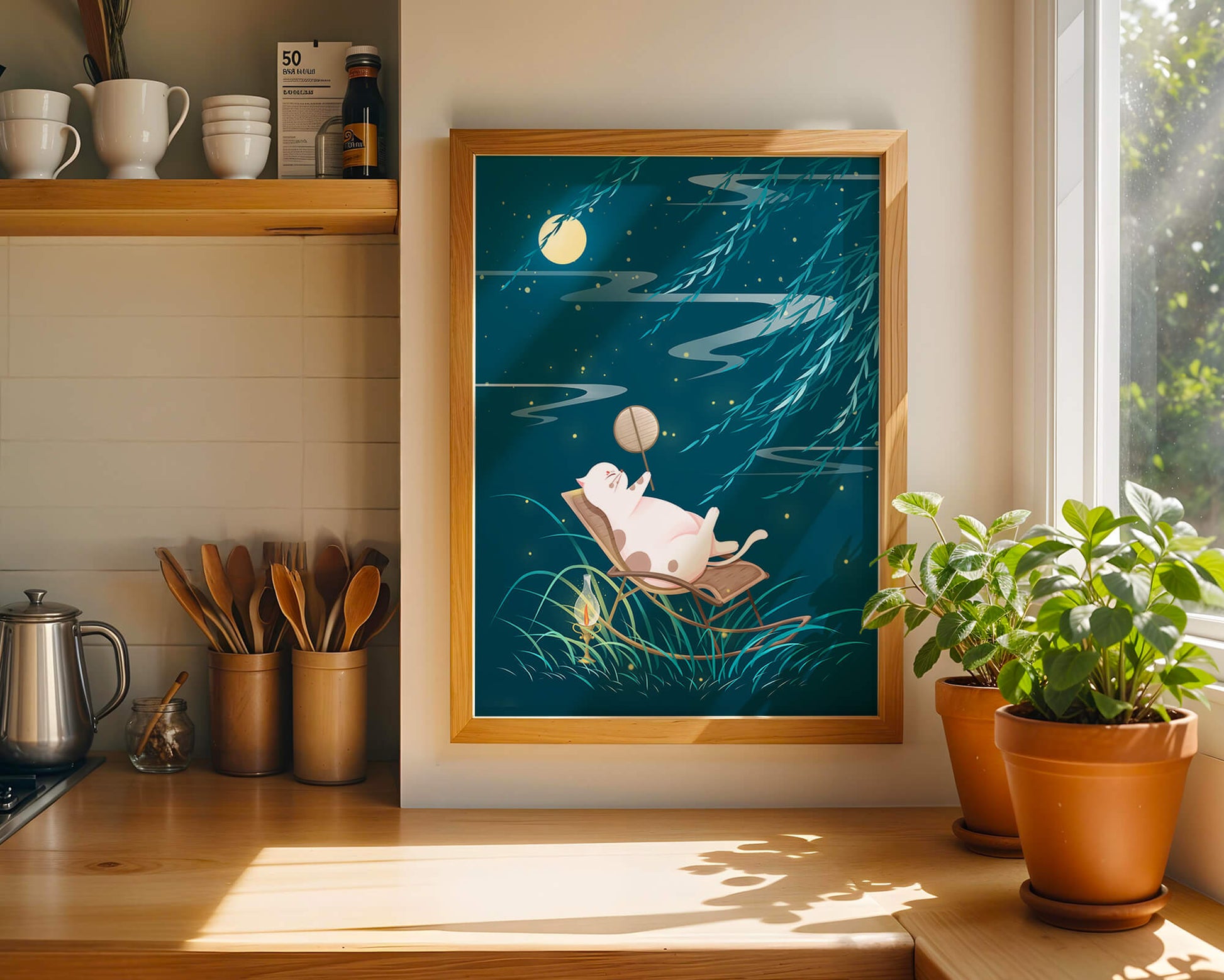 Adorable ilustración de un gato relajándose en un jardín iluminado por la luna con linterna