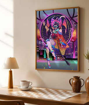 Personaje futurista con atuendo tradicional asiático y telón de fondo de ciudad neón