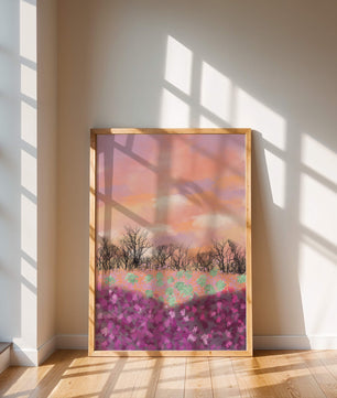 Paisaje sereno con campo floral vibrante y cielo pastel