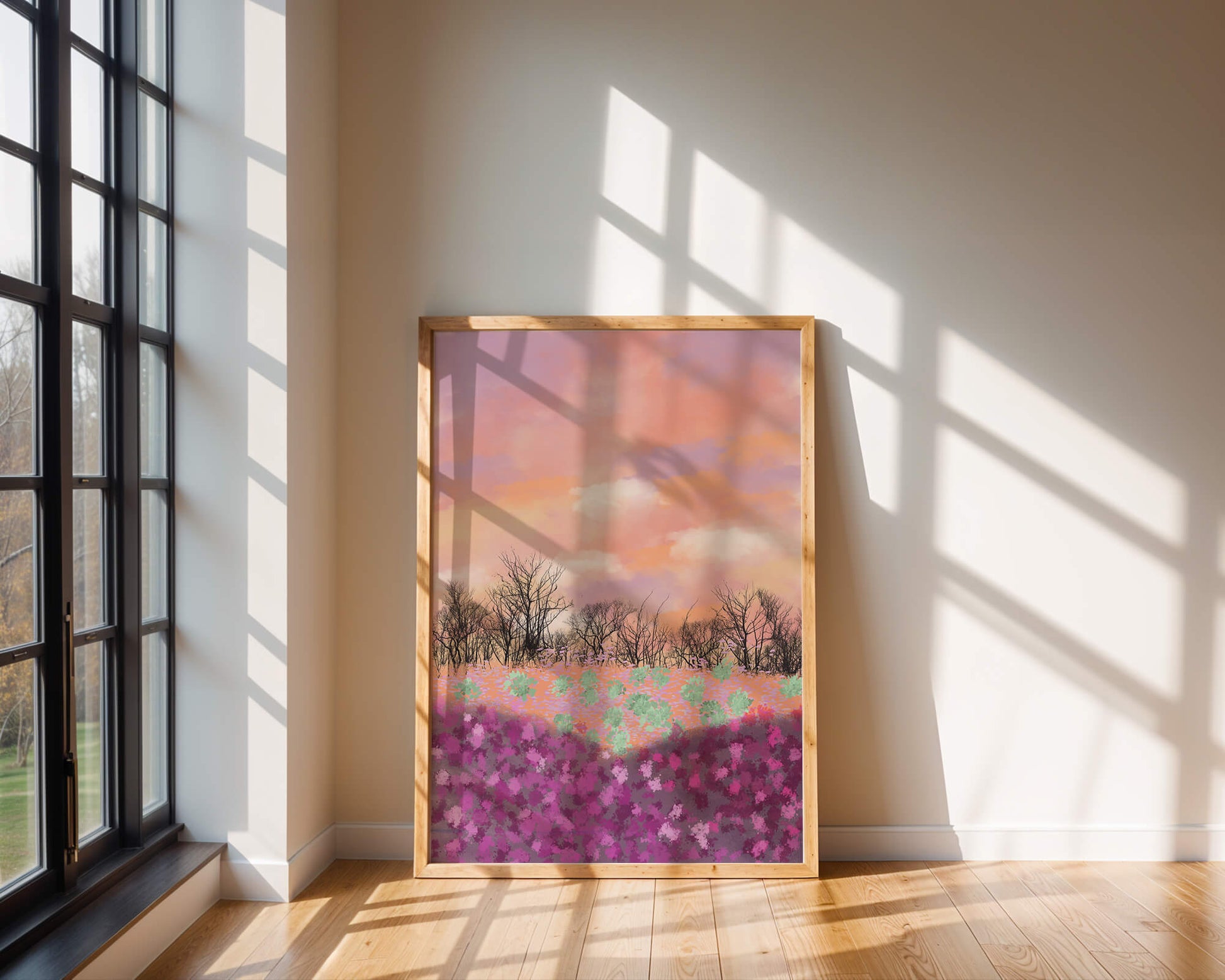Paisaje sereno con campo floral vibrante y cielo pastel
