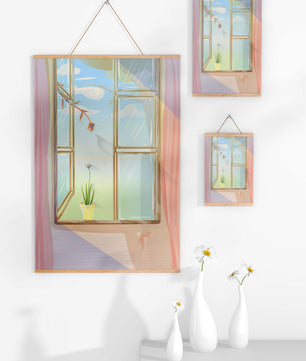 Tranquil open window with floral view and gentle sunlight
