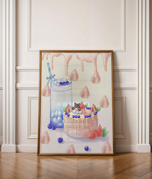 Escena de postre caprichosa con pastel y bebida con acentos juguetones