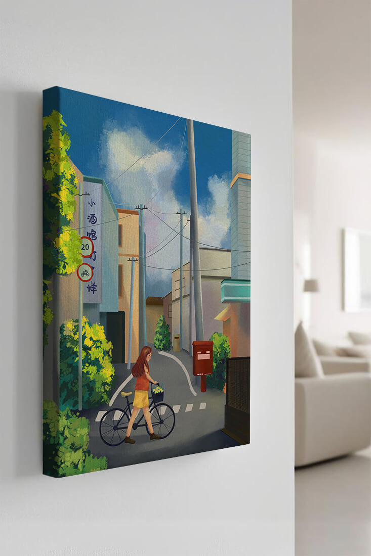 Young woman with bicycle in a quiet urban street