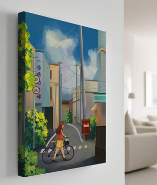 Young woman with bicycle in a quiet urban street