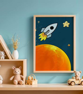 Cartoon Rocket in Space with Yellow Star