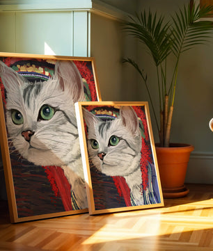 Illustrated cat portrait with colorful accents
