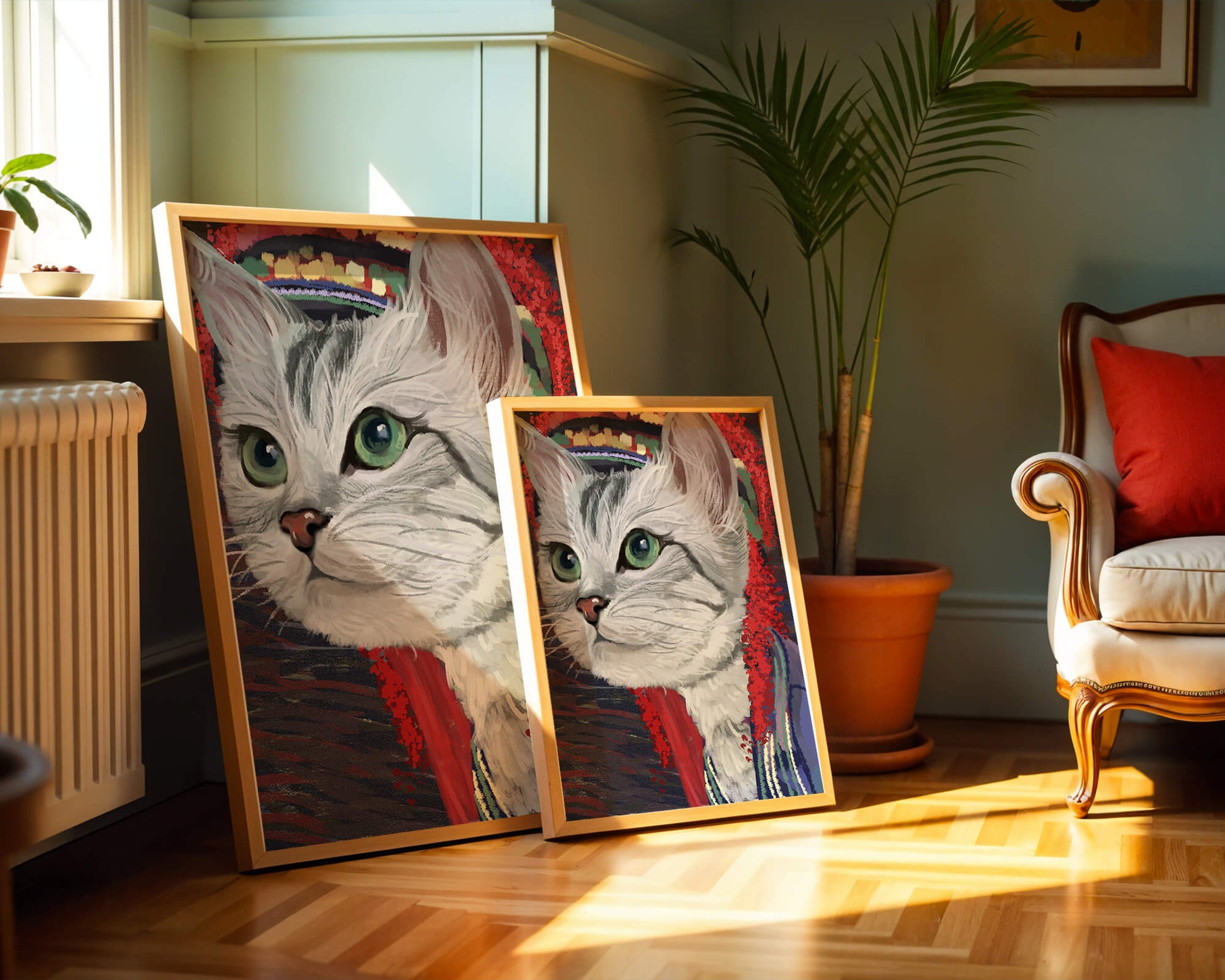 Illustrated cat portrait with colorful accents