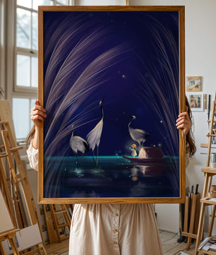 Serene night scene with graceful cranes and a magical boat ride