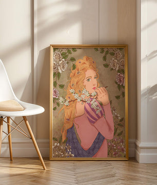 Ilustración floral romántica de una mujer con cabello largo y flores en flor