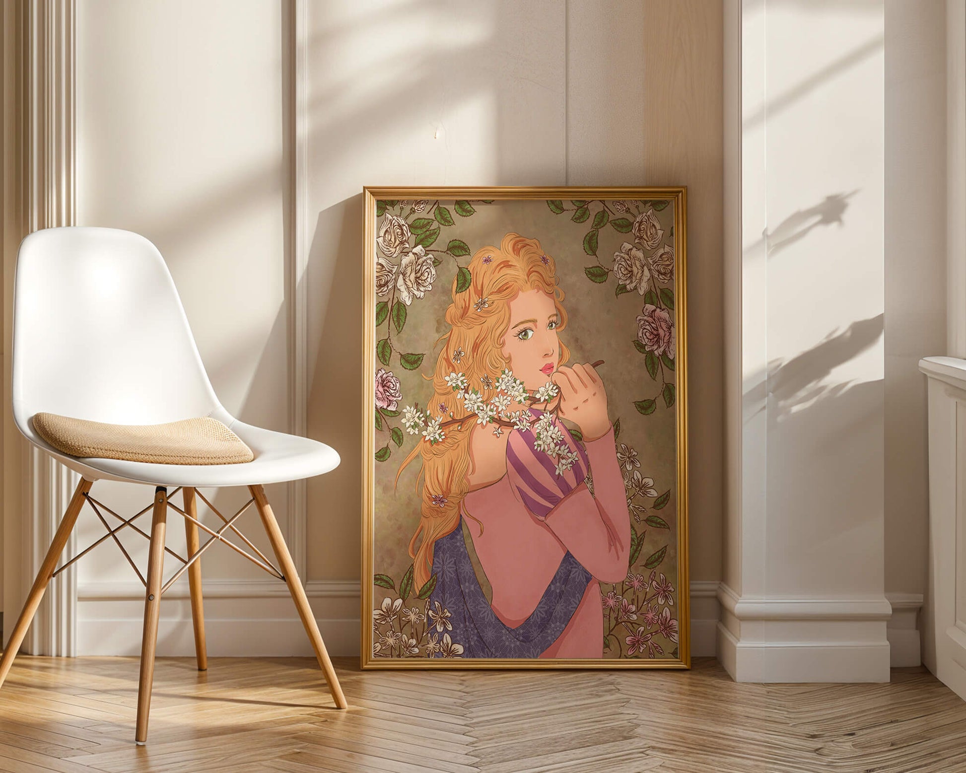 Ilustración floral romántica de una mujer con cabello largo y flores florecientes