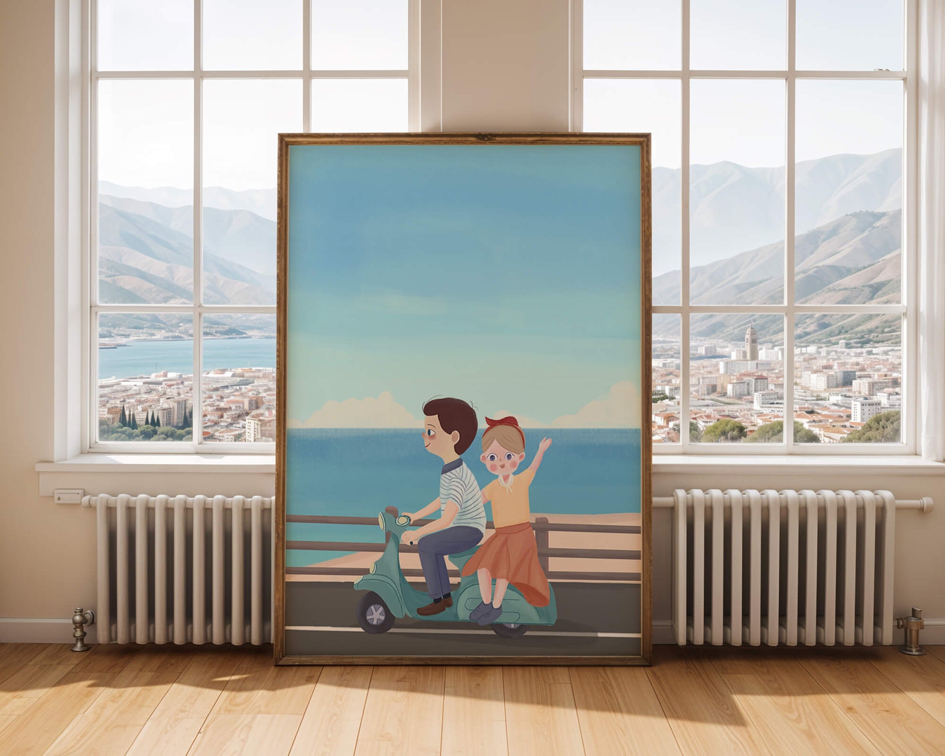 Young couple enjoying a scenic scooter ride by the seaside